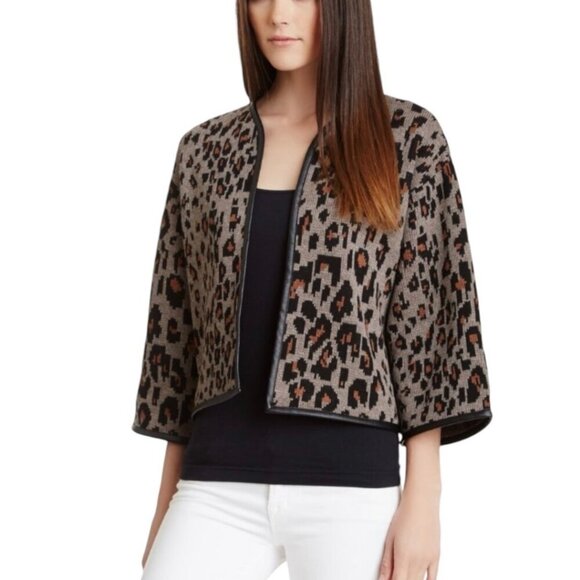NWT RACHEL ROY Leopard Print Cardigan Jacket Sz.M Tan Black Wool Blend Mob Wife - Picture 2 of 11